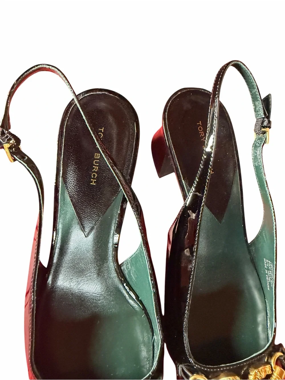 Tory Burch Jessa Slingback Pumps Black Patent Leather Gold Horsebit Size 9.5